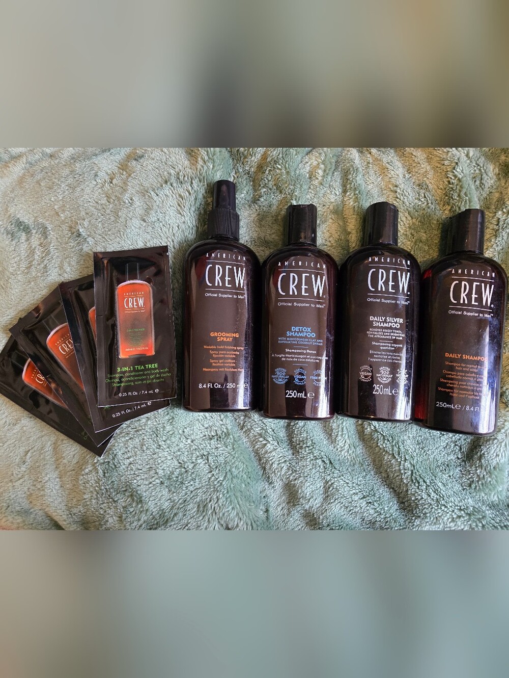AMERICAN CREW MENS BUNDLE- GROOMING SPRAY,DETOX, SILVER,DAILY SHAMPOO + TEA TREE